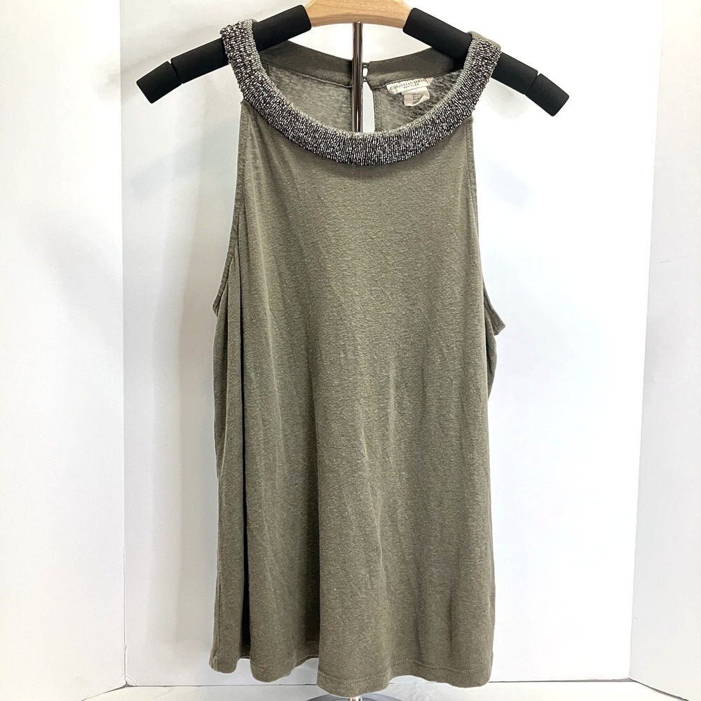 Christian Siriano Womens Olive Green Beaded Collar Halter Neck A line Shirt Sz L